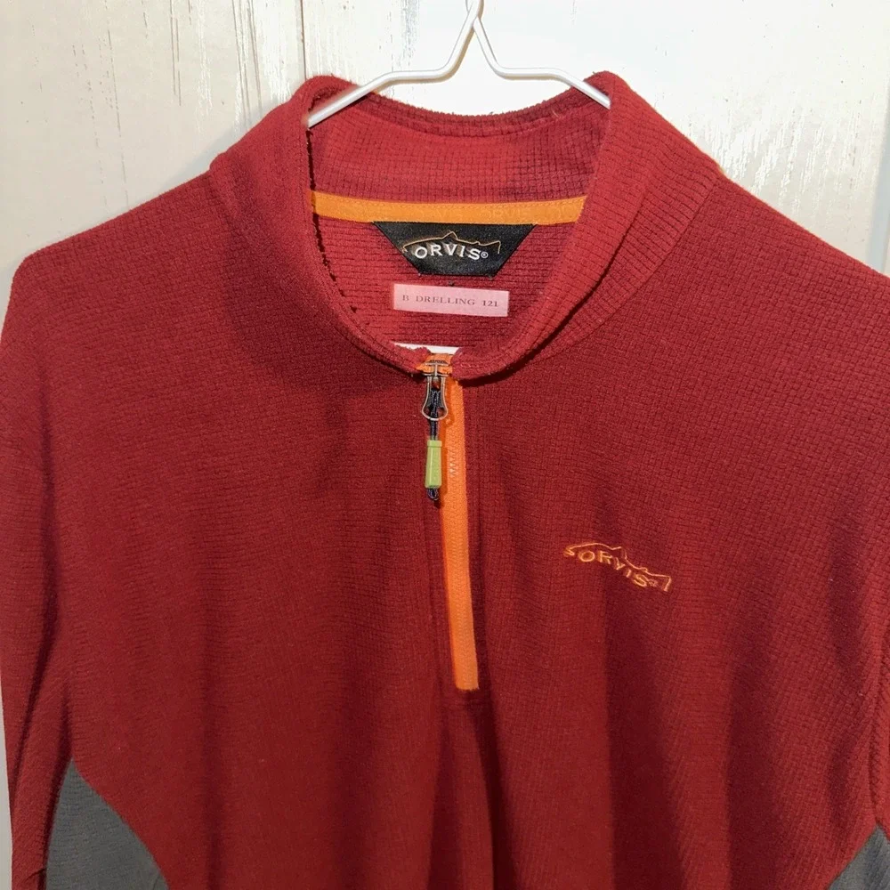 Orvis Trout Bum Quarter Zip Men's Large Fleece Pullover Top Red Orange Trim